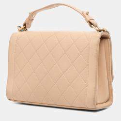 Pre Owned Chanel Beige Brown Medium Quilted Calfskin Label Click Flap