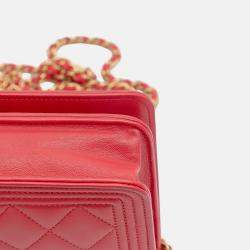 Pre Owned Chanel Red Quilted Caviar Boy Wallet on Chain