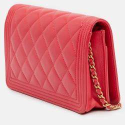 Pre Owned Chanel Red Quilted Caviar Boy Wallet on Chain