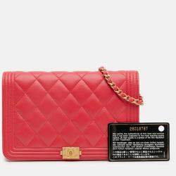 Pre Owned Chanel Red Quilted Caviar Boy Wallet on Chain