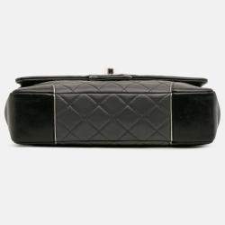 Pre Owned Chanel Black Grey Paris Salzburg Jumbo Bicolor Quilted Lambskin Tyrolean Flap