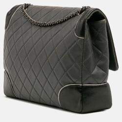Pre Owned Chanel Black Grey Paris Salzburg Jumbo Bicolor Quilted Lambskin Tyrolean Flap