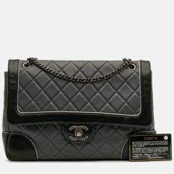 Pre Owned Chanel Black Grey Paris Salzburg Jumbo Bicolor Quilted Lambskin Tyrolean Flap