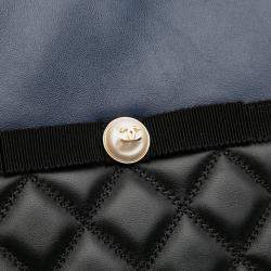 Pre Owned Chanel Black Navy Blue Large Bicolor Quilted Leather Pearl O Case Clutch