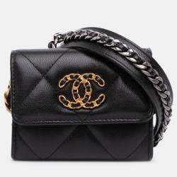 Pre Owned Chanel Black Lambskin 19 Flap Coin Purse With Chain