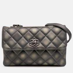 Pre Owned Chanel Grey Quilted Metallic Lambskin Trendy CC Flap