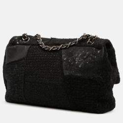 Pre Owned Chanel Black Jumbo Patchwork Tweed Flap