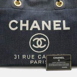 Pre Owned Chanel Deauville Medium Navy Blue Denim and Leather Tote Bag