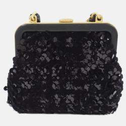Pre Owned Chanel Bow Black Tweed and Spangles Clutch Bag