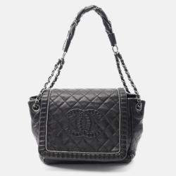 Pre Owned Chanel Coco Mark Shoulder Bag Lambskin Leather Black