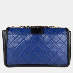 Pre Owned Chanel Elegant Flap Blue Black Leather Shoulder Bag