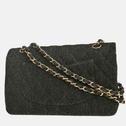Pre Owned Chanel Classic Double Flap Medium Black Denim Shoulder Bag