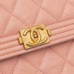 Pre Owned Chanel Pink Quilted Caviar Square Boy Wallet On Chain