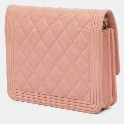 Pre Owned Chanel Pink Quilted Caviar Square Boy Wallet On Chain