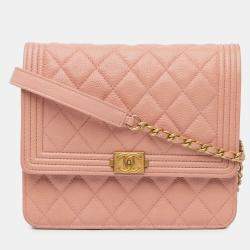 Pre Owned Chanel Pink Quilted Caviar Square Boy Wallet On Chain
