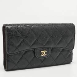 Pre Owned Chanel Black Quilted Caviar Leather Classic L Flap Wallet