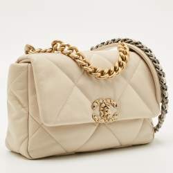 Pre Owned Chanel Light Beige Quilted Leather Small 19 Flap Bag