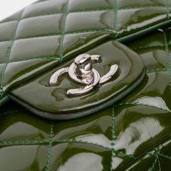 Pre Owned Chanel Green Jumbo Classic Patent Double Flap