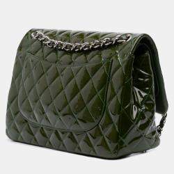 Pre Owned Chanel Green Jumbo Classic Patent Double Flap