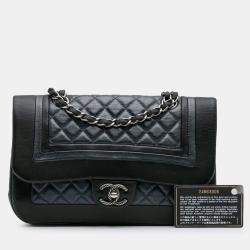 Pre Owned Chanel Black Blue Medium Bicolor Quilted Calfskin Flap