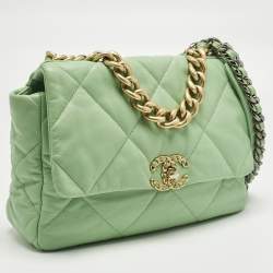 Pre Owned Chanel Light Green Quilted Leather Large 19 Flap Bag