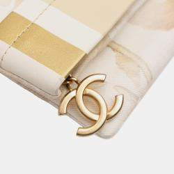 Pre Owned Chanel Cream XL Printed Canvas and Striped Lambskin Foldover Clutch