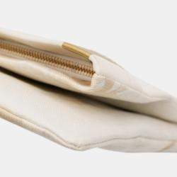 Pre Owned Chanel Cream XL Printed Canvas and Striped Lambskin Foldover Clutch