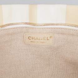 Pre Owned Chanel Cream XL Printed Canvas and Striped Lambskin Foldover Clutch