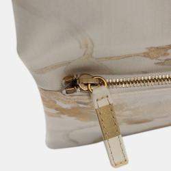 Pre Owned Chanel Cream XL Printed Canvas and Striped Lambskin Foldover Clutch