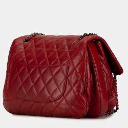 Pre Owned Chanel Red Maxi Lambskin 3 Accordion Flap