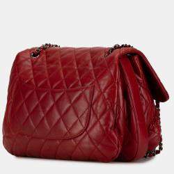 Pre Owned Chanel Red Maxi Lambskin 3 Accordion Flap