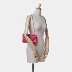 Pre Owned Chanel Pink Satin Diamante Camellia Clutch with Chain
