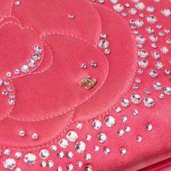 Pre Owned Chanel Pink Satin Diamante Camellia Clutch with Chain