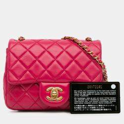 Pre Owned Chanel Pink Mini Square Classic Lambskin Pearl Crush Single Flap