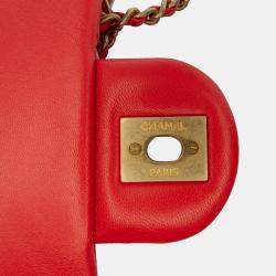 Pre Owned Chanel Red Mini Square Classic Lambskin Pearl Crush Single Flap