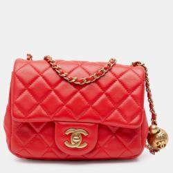Pre Owned Chanel Red Mini Square Classic Lambskin Pearl Crush Single Flap
