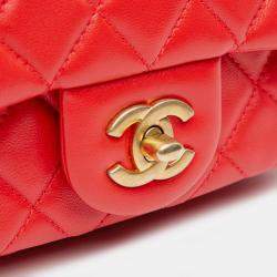 Pre Owned Chanel Red Mini Square Classic Lambskin Pearl Crush Single Flap