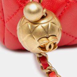 Pre Owned Chanel Red Mini Square Classic Lambskin Pearl Crush Single Flap