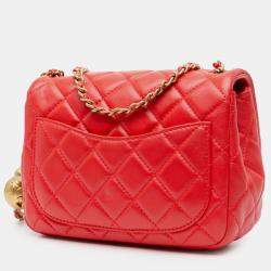 Pre Owned Chanel Red Mini Square Classic Lambskin Pearl Crush Single Flap