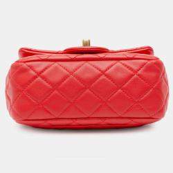 Pre Owned Chanel Red Mini Square Classic Lambskin Pearl Crush Single Flap