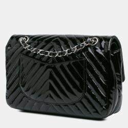 Pre Owned Chanel Black Medium Classic Chevron Patent Double Flap