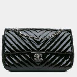 Pre Owned Chanel Black Medium Classic Chevron Patent Double Flap