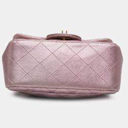 Pre Owned Chanel Pink Mini Square Classic Metallic Calfskin Single Flap