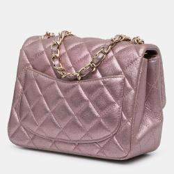 Pre Owned Chanel Pink Mini Square Classic Metallic Calfskin Single Flap