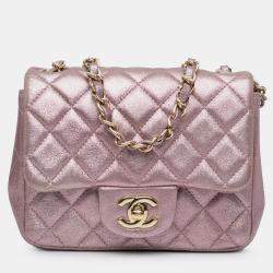 Pre Owned Chanel Pink Mini Square Classic Metallic Calfskin Single Flap