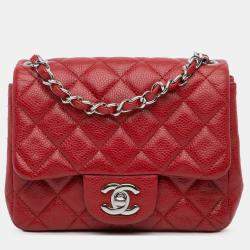 Pre Owned Chanel Red Mini Square Classic Caviar Single Flap