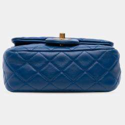 Pre Owned Chanel Blue Mini Square Classic Lambskin Pearl Crush Single Flap
