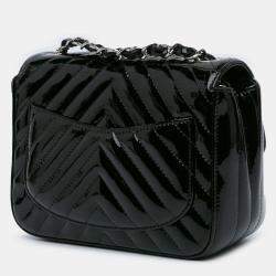 Pre Owned Chanel Black Mini Square Classic Chevron Patent Flap