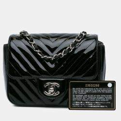 Pre Owned Chanel Black Mini Square Classic Chevron Patent Flap