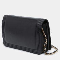 Pre Owned Chanel Black Silver Bicolor Calfskin Boy Wallet On Chain